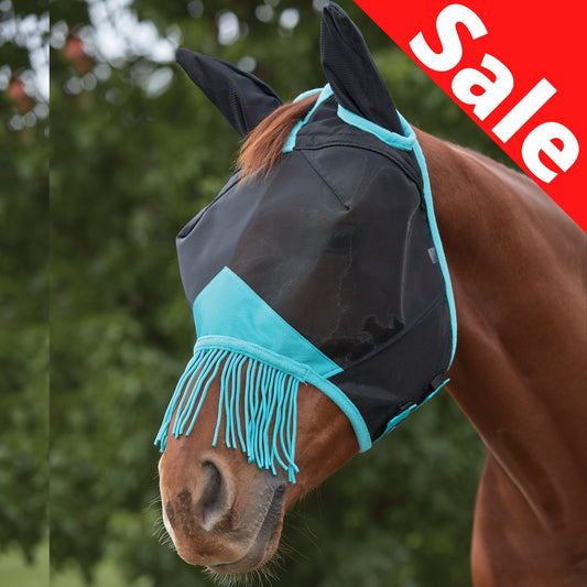Weatherbeeta ComFiTec Deluxe Fine Mesh Mask with Ears & Tassels Black/Turquoise